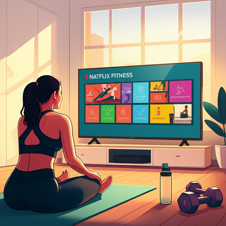 Tela da plataforma Natflix Fitness mostrando variedade de módulos de treino (Yoga, Pilates, Jiu‑Jitsu, Dança, Nutrição, Psicologia) enquanto uma mulher pratica exercícios em casa.