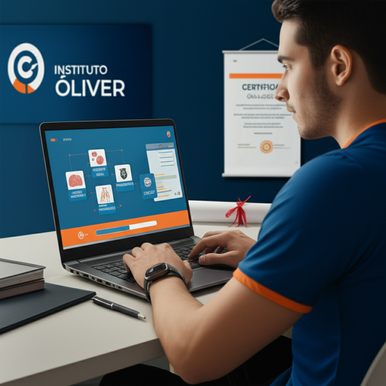 Estudante de Educação Física em ambiente de estudo online, com laptop, ícones de anatomia e badge policial, diploma CREF e logo do Instituto Óliver ao fundo.