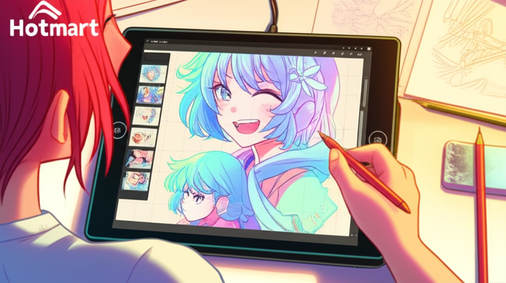 Jovem artista iniciante desenhando fanart de personagem popular com lápis e tablet gráfico, ambiente de estudo criativo.