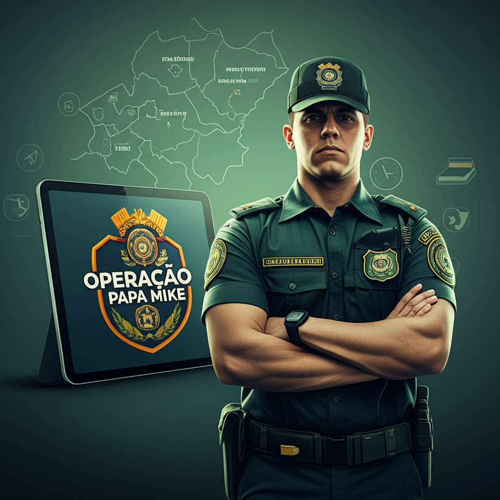 Ilustração de Soldado da PMERJ com tablet mostrando o logo Operação Papa Mike 2.0, simbolizando preparação estratégica para o concurso 2026.