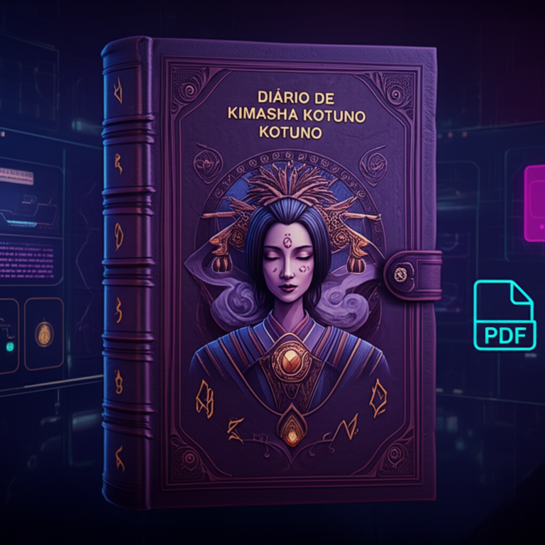 Capa do Diário de Kimasha Kotuno, um diário antigo com runas, símbolo luminoso e figura feminina misteriosa, rodeada de névoa e símbolos ocultos.