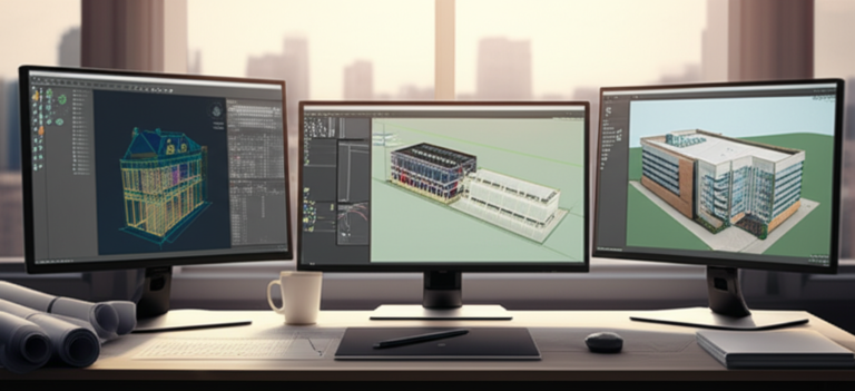 Estação de trabalho de projetista com telas mostrando AutoCAD, Revit e SketchUp em uso.