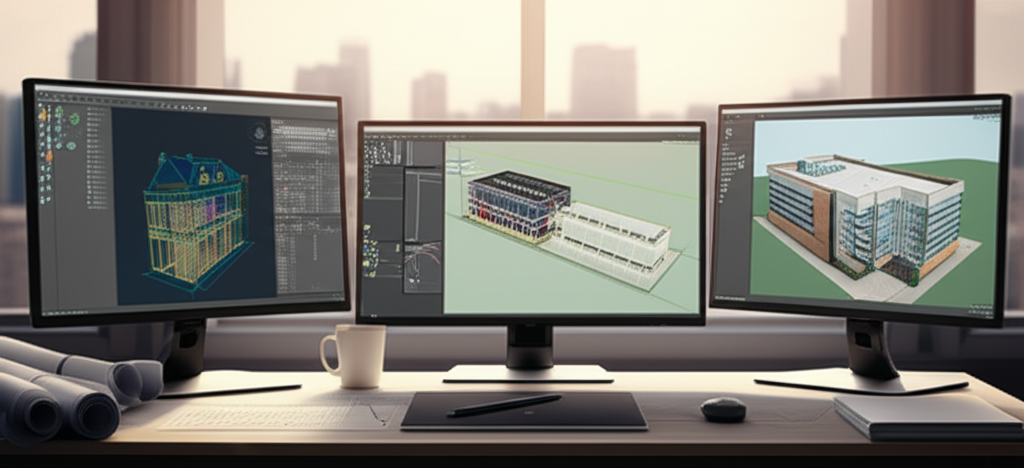 Estação de trabalho de projetista com telas mostrando AutoCAD, Revit e SketchUp em uso.