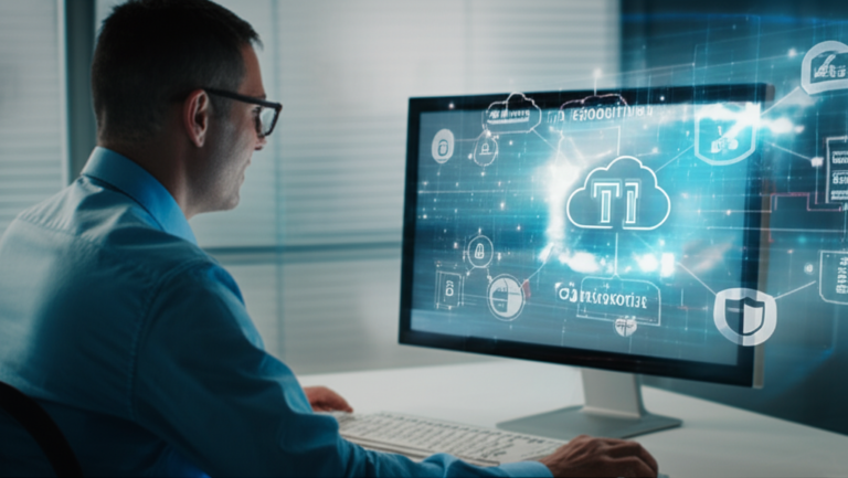 Plataformas para Mentores: Review do TI Total 2 https://www.comprasdigitais.com.br/autor/erika_mentoria/ Profissional de TI trabalhando em um ambiente com múltiplas telas mostrando conceitos de nuvem e segurança