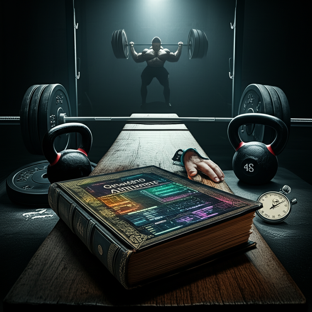 Illustration of an ancient grimoire titled "Grimório Antifofista" surrounded by gym equipment and training diagrams, symbolizing a no‑fluff strength‑training guide.
