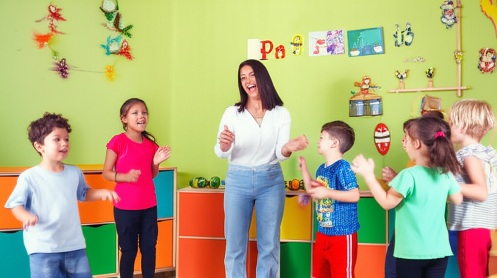 Professora cantando com crianças em sala de aula