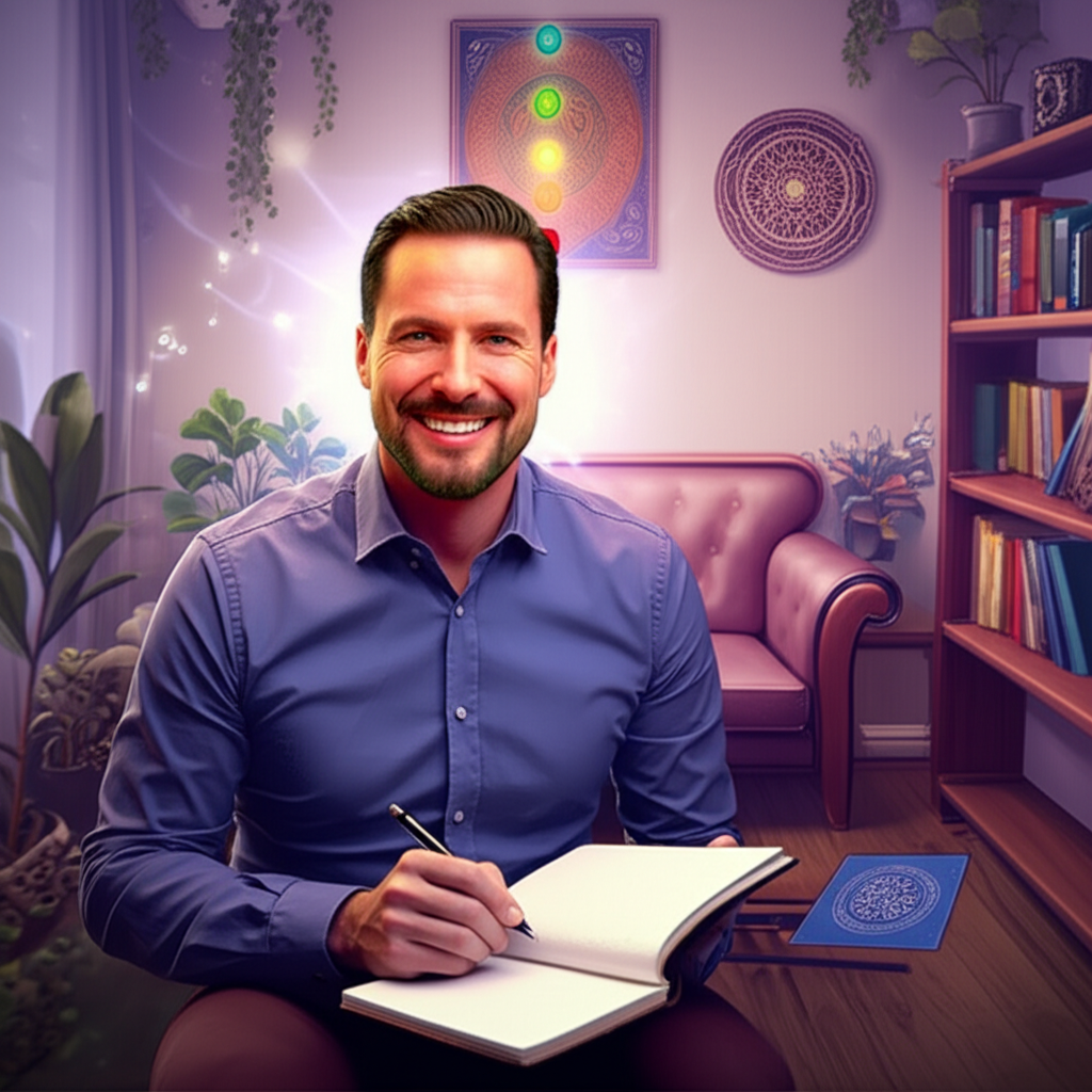 Therapist in a modern office combining classic psychoanalysis symbols with holistic elements like chakras, astrology and music.