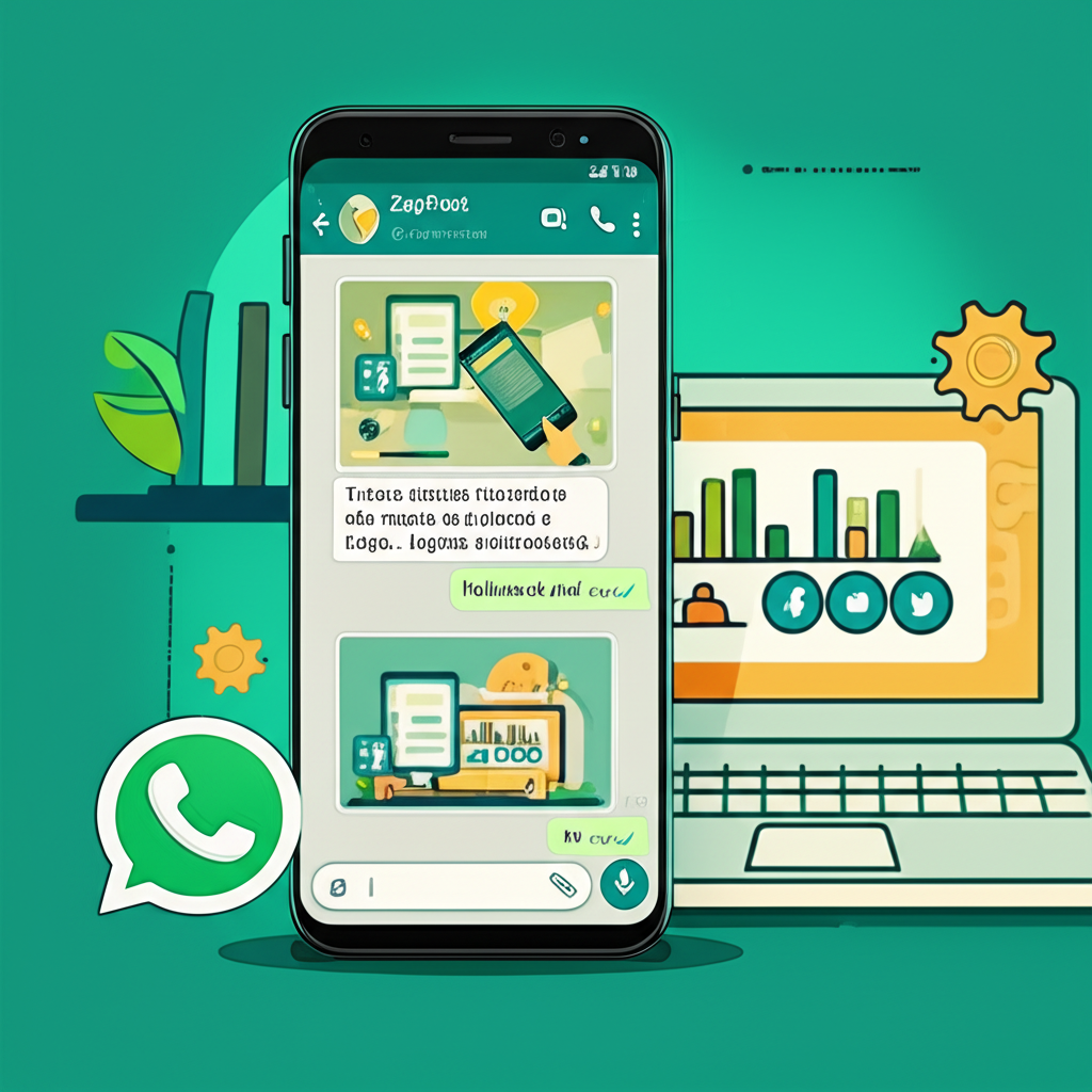 Tela do WhatsApp mostrando posts diários criados pelo ZapPost, com imagens, legendas e hashtags, ao lado de um laptop com gráficos de engajamento.