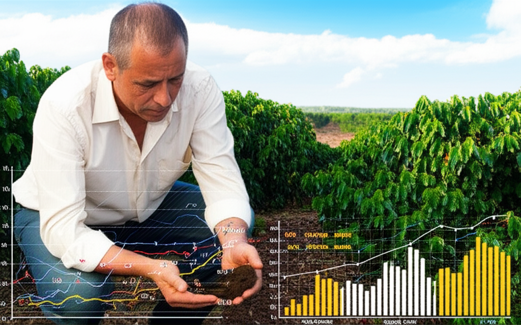 Produtor analisando solo em fazenda de café com gráficos de produtividade.