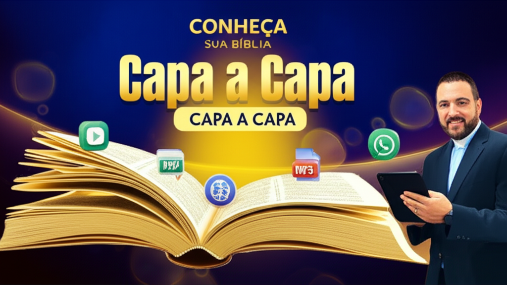 Ilustração do curso "Conheça Sua Bíblia Capa a Capa" com Bíblia aberta, ícones de vídeo, PDF, MP3 e WhatsApp, e a figura do Presbítero André Sanchez ao lado.