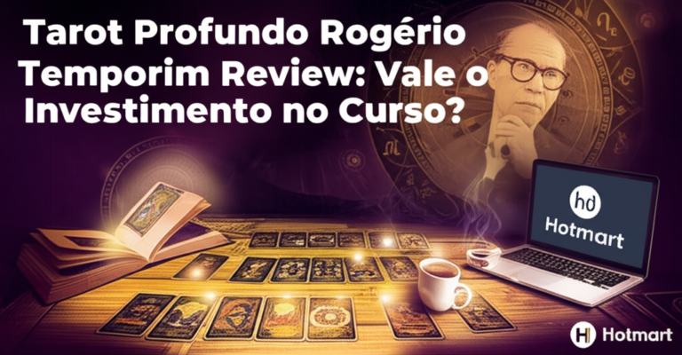 Ilustração que combina cartas de tarô, livro "Tarot Profundo", laptop com logo Hotmart e silhueta de Rogério Temporim, representando a review do curso.