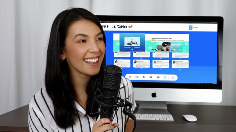 Imagem de uma aluna cantando em frente a um computador, participando de um curso de canto online.