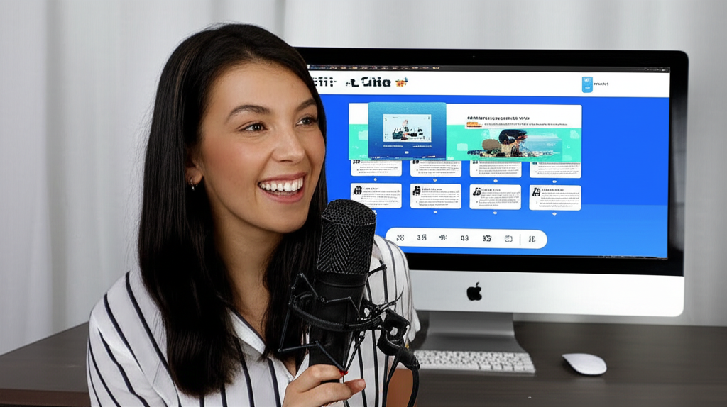 Imagem de uma aluna cantando em frente a um computador, participando de um curso de canto online.