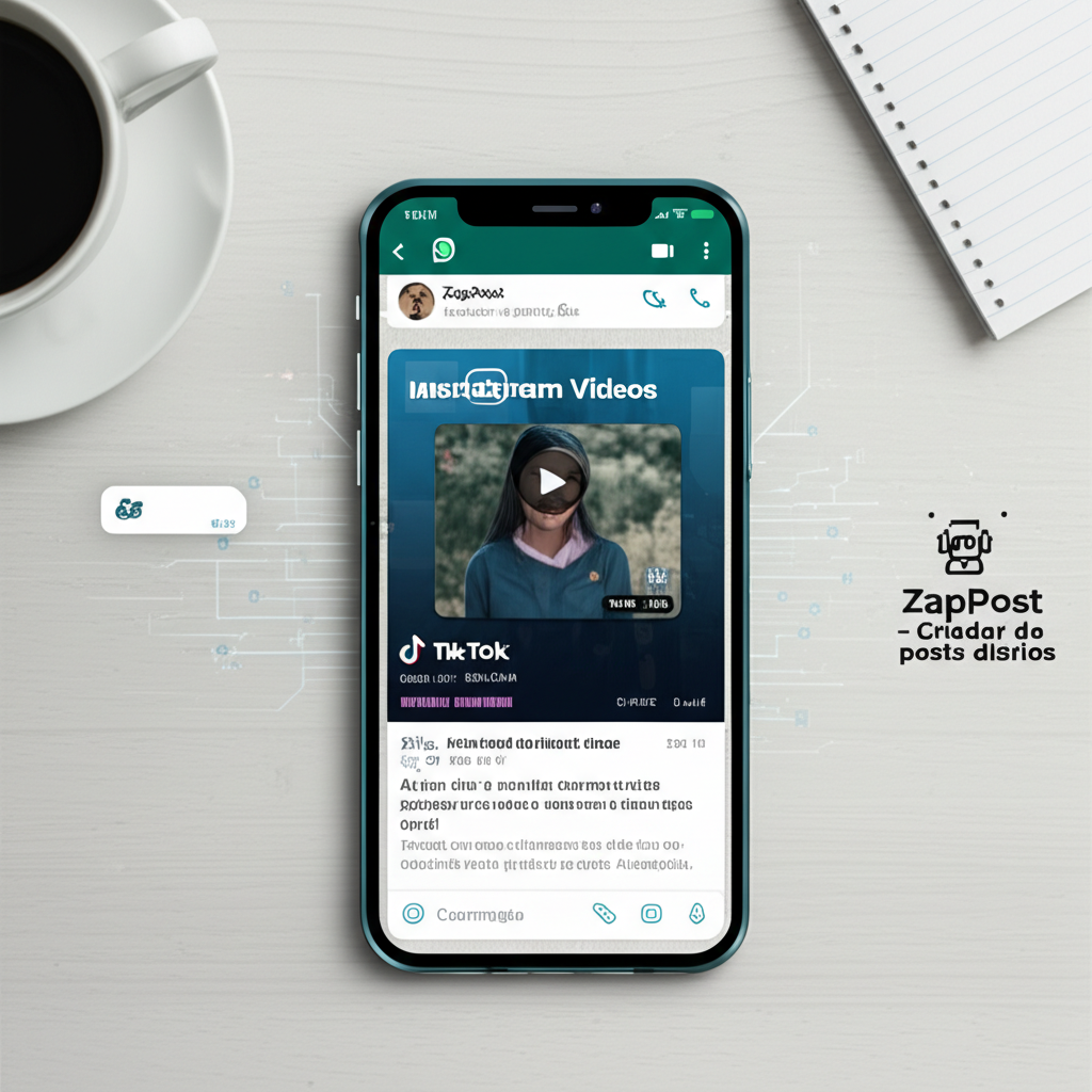 Tela de smartphone com conversa no WhatsApp mostrando um post pronto para Instagram/TikTok criado pelo ZapPost, destacando a entrega automática de conteúdo diário.