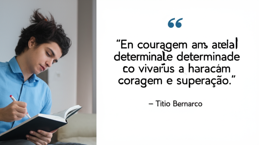 Pessoa determinada escrevendo em um caderno com uma citação inspiradora ao lado.