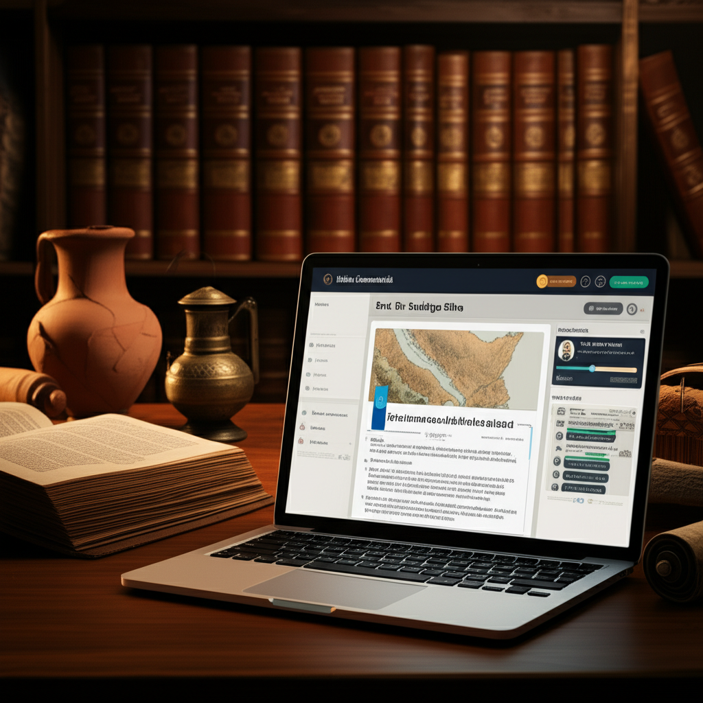 Ilustração da plataforma Bíblia Comentada de Rodrigo Silva, com manuscritos bíblicos antigos, artefatos arqueológicos e a interface de IA no laptop.