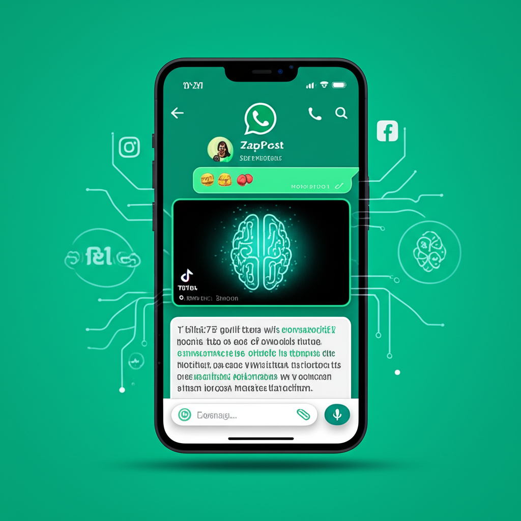 Ilustração de um smartphone com WhatsApp exibindo um post diário gerado pelo ZapPost, contendo imagem, legenda, hashtags e roteiro de vídeo.