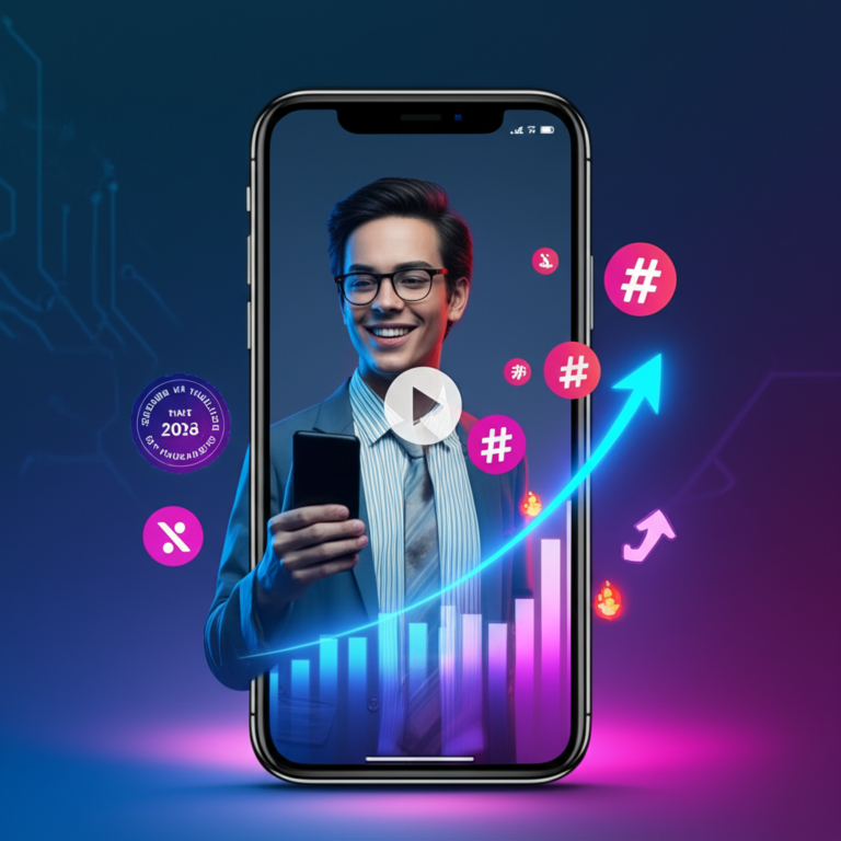 Ilustração digital de um empreendedor segurando um smartphone com um Reels do Instagram, rodeado por ícones de viralização e um gráfico de crescimento, estilo futurista 2026.