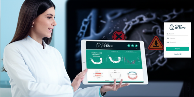 Dentista acessando o curso Viver de Orto através de uma plataforma segura e oficial, contrastando com um fundo que representa os perigos de downloads não autorizados e pirataria.