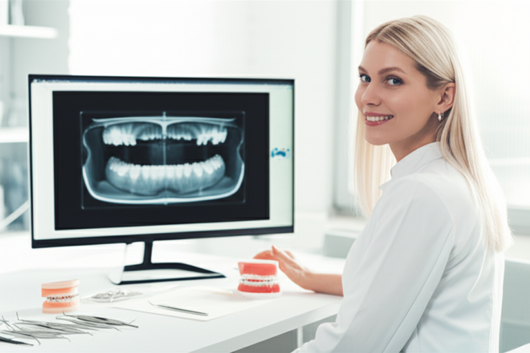 Dentista ortodontista confiante revisando um plano de tratamento digital, simbolizando sucesso profissional e independência financeira através da ortodontia.