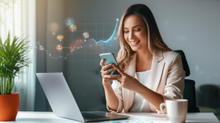 Mulher confiante utilizando o celular para trabalhar online e gerar renda, simbolizando o sucesso do Método Mulher Milionária em marketing digital para iniciantes.