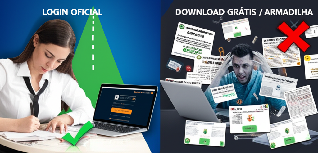 Contraste visual: Sucesso com curso oficial SEFAZ CE Discursiva EDD (login seguro) vs. Frustração com download grátis (risco de pirataria)