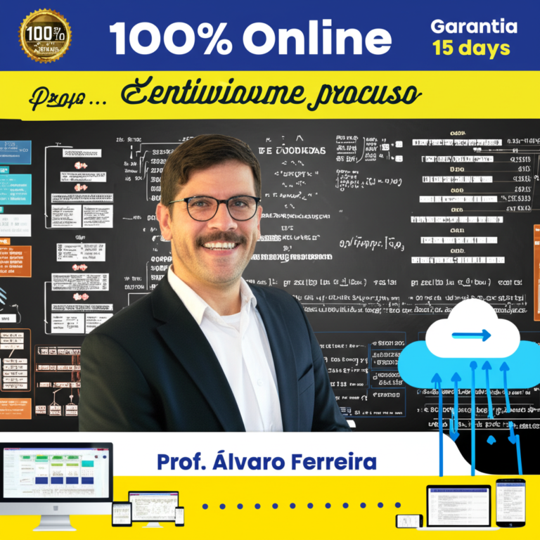 Ilustração do Prof. Álvaro Ferreira explicando gramática para concursos, com dispositivos digitais e selo de garantia, representando o curso online Academia de Português.