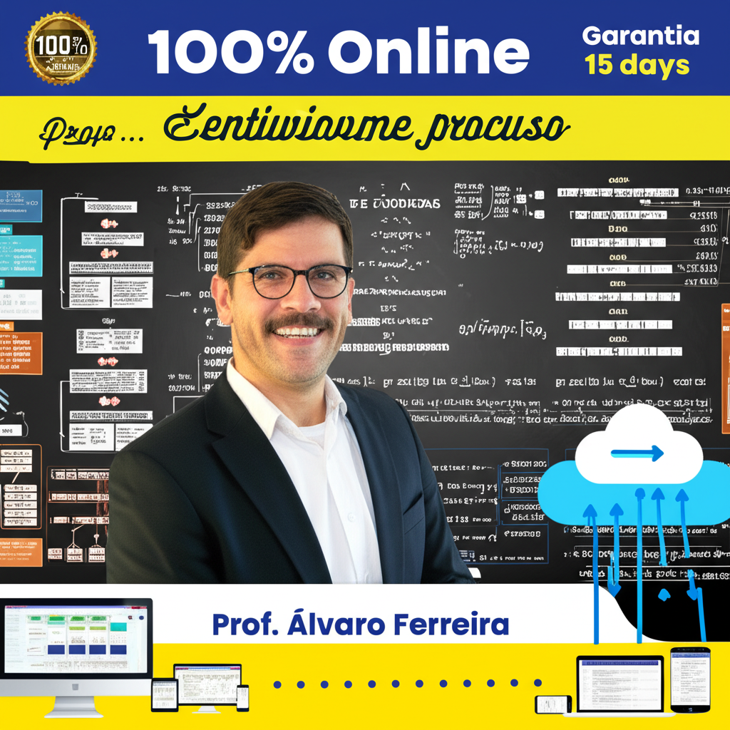 Ilustração do Prof. Álvaro Ferreira explicando gramática para concursos, com dispositivos digitais e selo de garantia, representando o curso online Academia de Português.