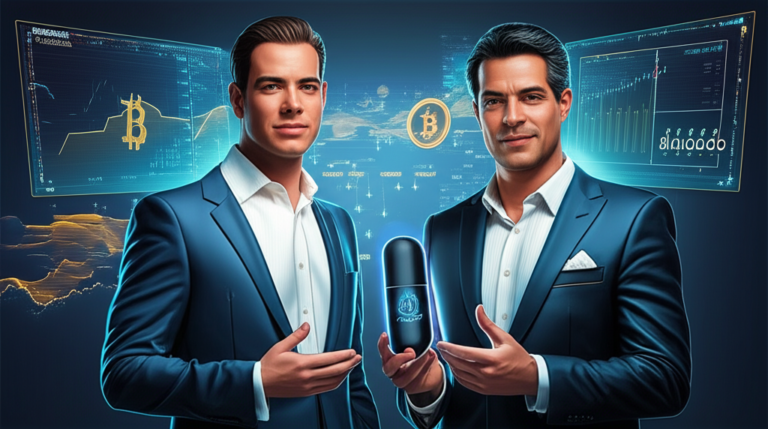 Renato Amoedo e Alan Schramm, autores do Treinamento Bitcoin Black Pill, com elementos visuais de Bitcoin e um termômetro de investimento, simbolizando segurança e orientação para iniciantes no mercado.