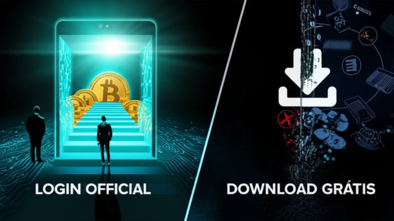 Imagem dividida visualizando um login oficial seguro do Treinamento Bitcoin Black Pill de Renato Amoedo e Alan Schramm (lado luminoso, caminho claro com Bitcoins) contrastado com um download grátis perigoso e pirata (lado escuro, ícone quebrado, códigos maliciosos e caminho bloqueado).