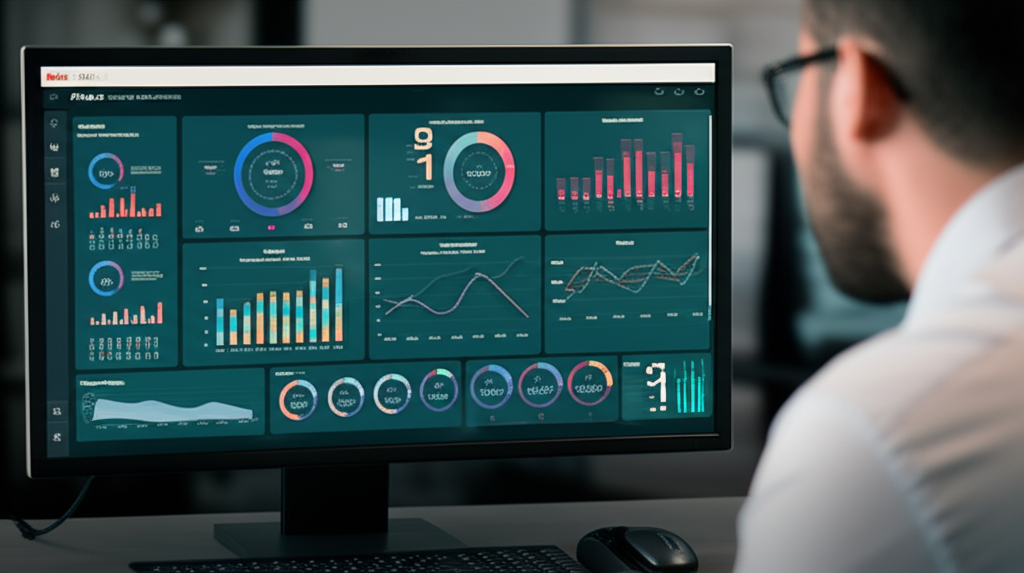 Dashboard de Power BI criativo e visualmente atraente, com gráficos interativos e KPIs, em exibição em um monitor.