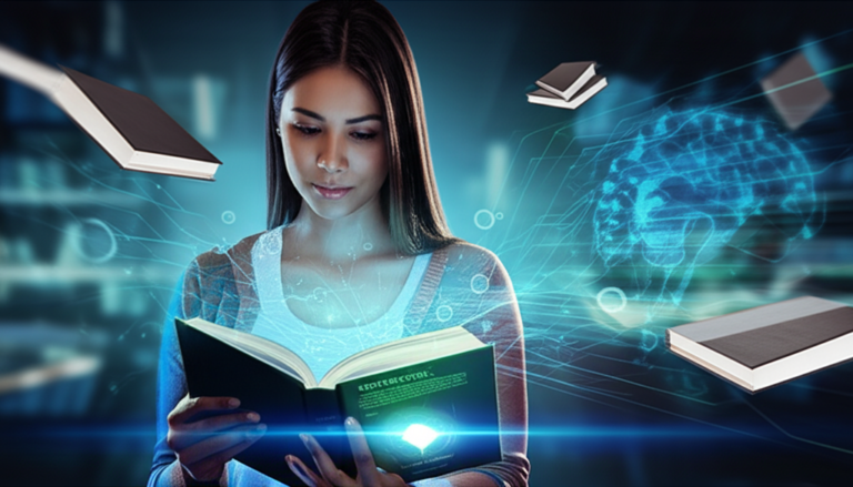 Estudante focado em leitura dinâmica usando curso Metaleitura digital, com elementos de neurociência e cérebro ativo.