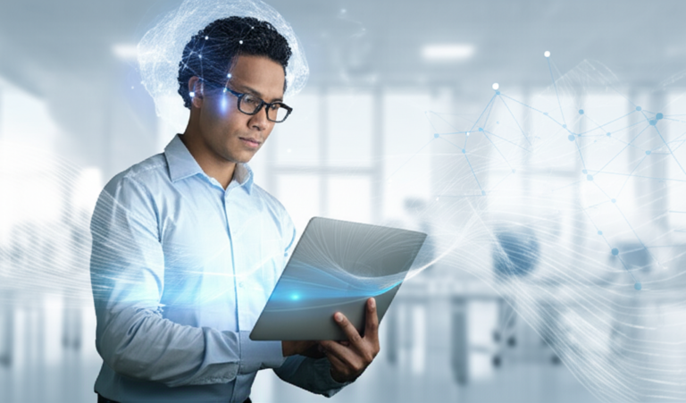 Pessoa profissional lendo rapidamente em um laptop, simbolizando leitura dinâmica e metaleitura para gestão eficiente do conhecimento e produtividade.