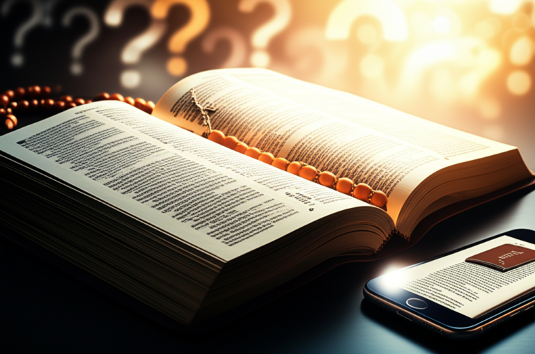 Bíblia católica aberta com versículos destacados, rosário e um smartphone exibindo um guia digital de apologética, simbolizando a defesa da fé contra heresias modernas.