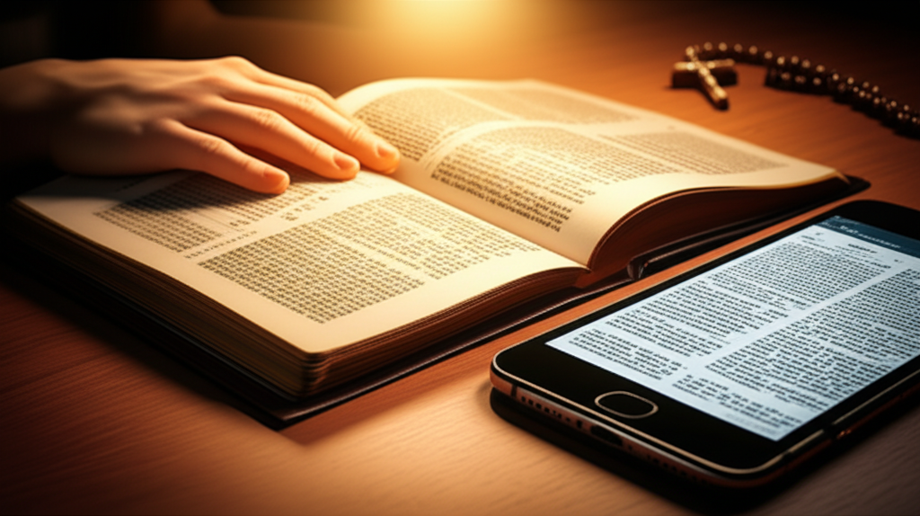 Bíblia aberta ao lado de um smartphone exibindo versículos bíblicos, simbolizando o guia 'Onde está na Bíblia' para apologética católica.