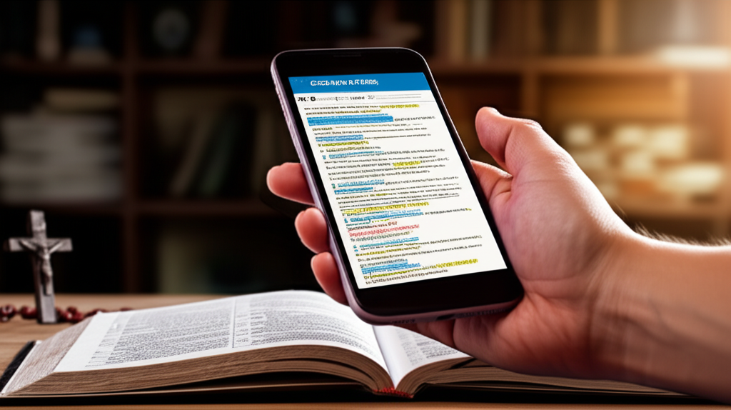 Mão segurando smartphone com ebook 'Onde está na Bíblia' sobre uma Bíblia física aberta, simbolizando a busca por respostas bíblicas para a fé católica.