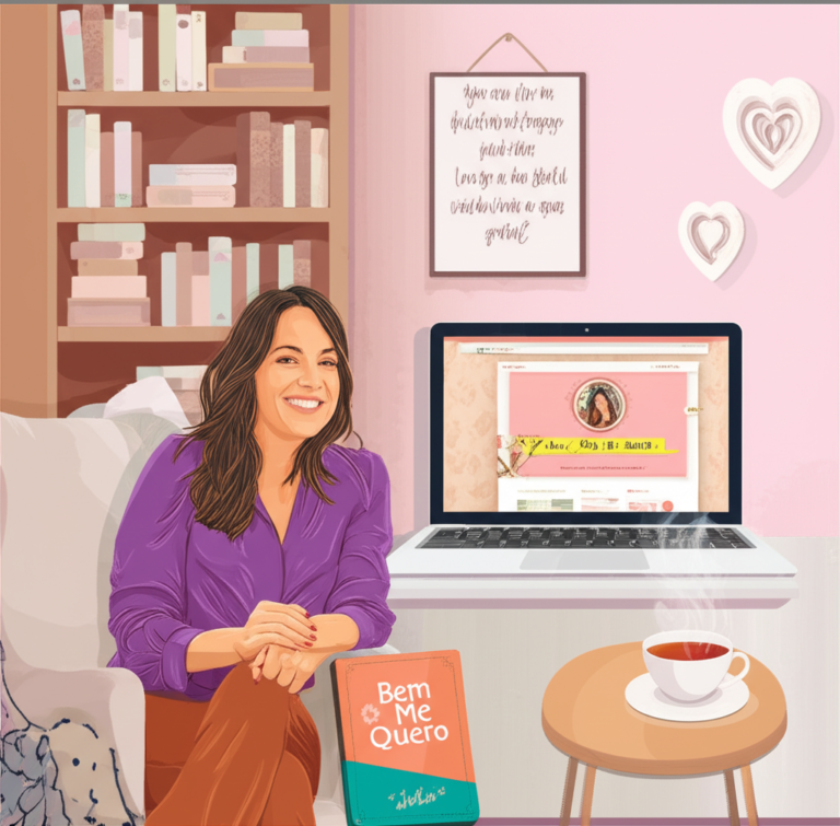 Ilustração de um consultório acolhedor representando a review do curso Bem Me Quero de Pamela Magalhães, com elementos de amor‑próprio e desenvolvimento emocional.