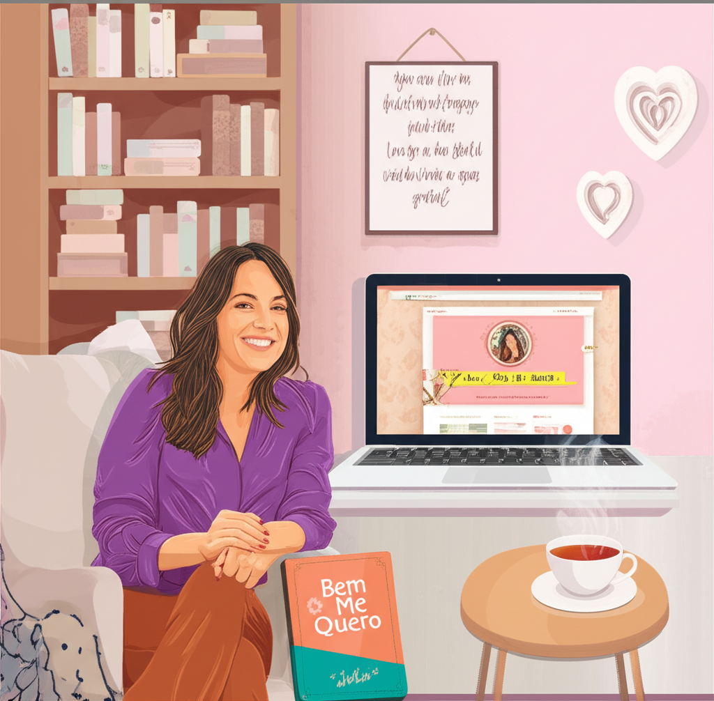 Ilustração de um consultório acolhedor representando a review do curso Bem Me Quero de Pamela Magalhães, com elementos de amor‑próprio e desenvolvimento emocional.