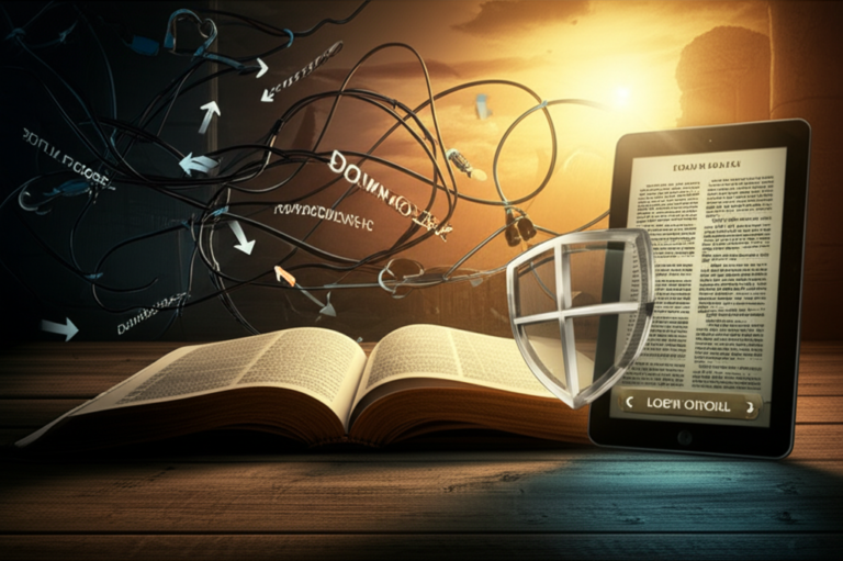 Imagem conceitual de uma Bíblia aberta, dividida entre a clareza de um 'Login Oficial' digital de versículos bíblicos (ebook) e a confusão de uma 'Armadilha de Download Grátis' de heresias modernas. Representa a defesa da fé católica.