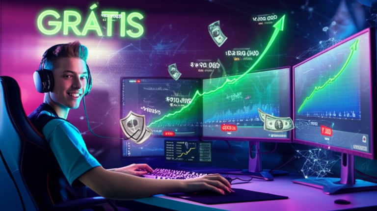 Jovem gamer feliz em setup de PC de alto desempenho, com telas exibindo gráficos de crescimento massivo no YouTube, símbolos de monetização e um portal de 'Login Oficial' destacado, tudo sob luzes neon futuristas. A palavra GRÁTIS aparece brilhante no ar.