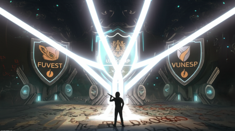 Ilustração conceitual de uma batalha estratégica. Três feixes de luz representando o 'Tríade Paulista 2027' convergem para enfrentar três escudos com os logos da FUVEST, UNICAMP e VUNESP em um cenário de mapa com textos e símbolos de linguagens.