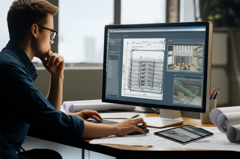 Jovem projetista trabalhando em computador com interfaces de AutoCAD, Revit e SketchUp, mostrando projetos arquitetônicos 2D e 3D em progresso.