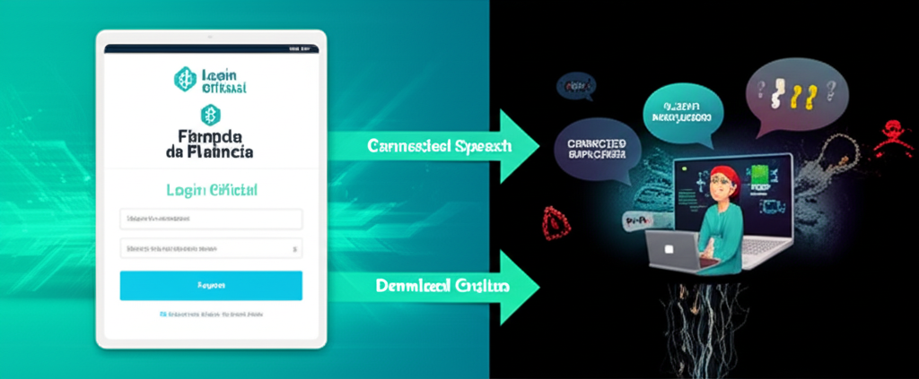 Imagem contrastando o login oficial seguro do curso Fórmula da Fluência com a armadilha de um download grátis e pirata, representando os dois caminhos para a fluência em inglês.