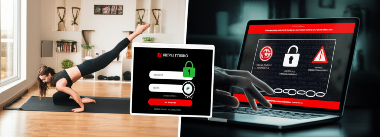 Imagem dividida comparando o login oficial seguro do Natflix Fitness com os perigos de downloads grátis e pirataria, mostrando resultados positivos vs. erros e vírus.