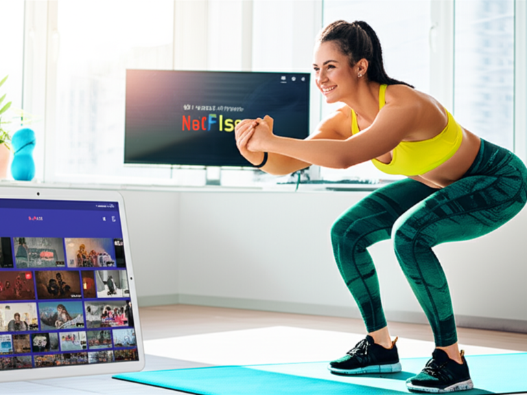 Mulher sorridente e motivada treinando em casa ou na academia, com a plataforma 'Natflix Fitness' de Natasha Villaschi visível em uma tela. A imagem representa o foco, a variedade e a organização do treino feminino online, contrastando com o caos de conteúdos soltos.