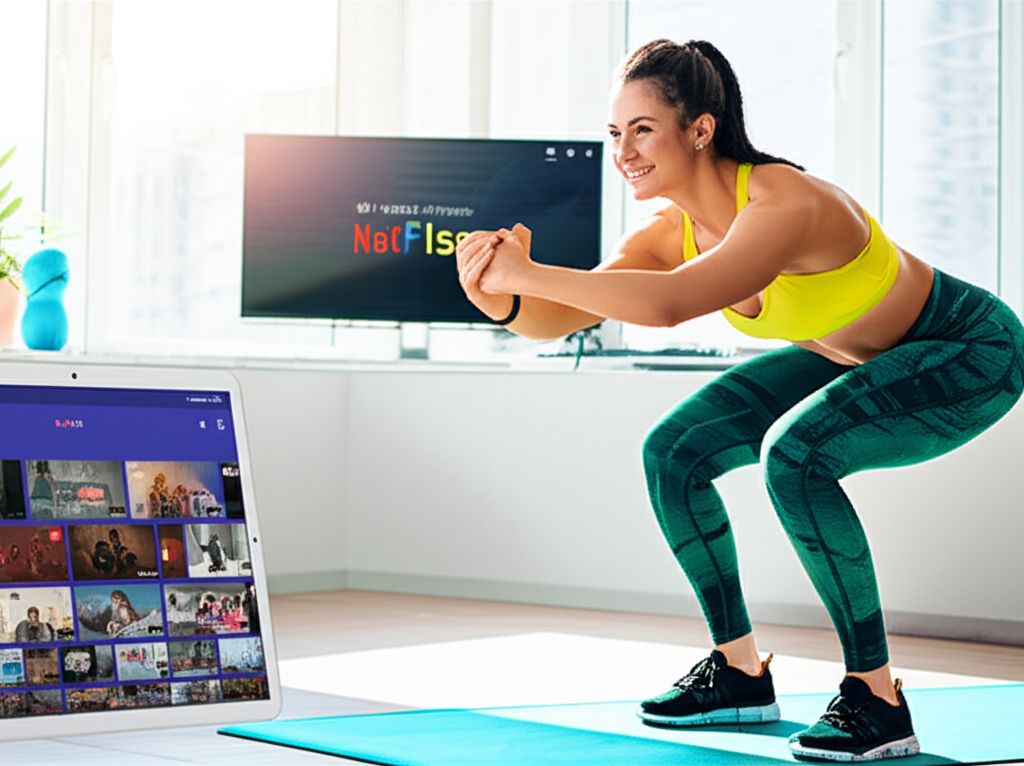 Mulher sorridente e motivada treinando em casa ou na academia, com a plataforma 'Natflix Fitness' de Natasha Villaschi visível em uma tela. A imagem representa o foco, a variedade e a organização do treino feminino online, contrastando com o caos de conteúdos soltos.