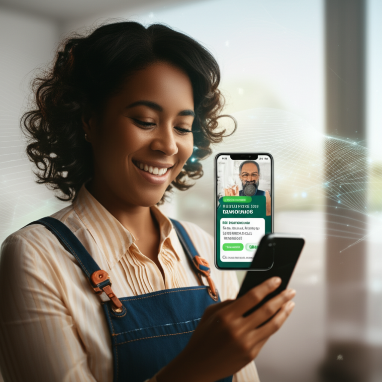 Empreendedor(a) feliz usando ZapPost no WhatsApp para criar posts diários com IA