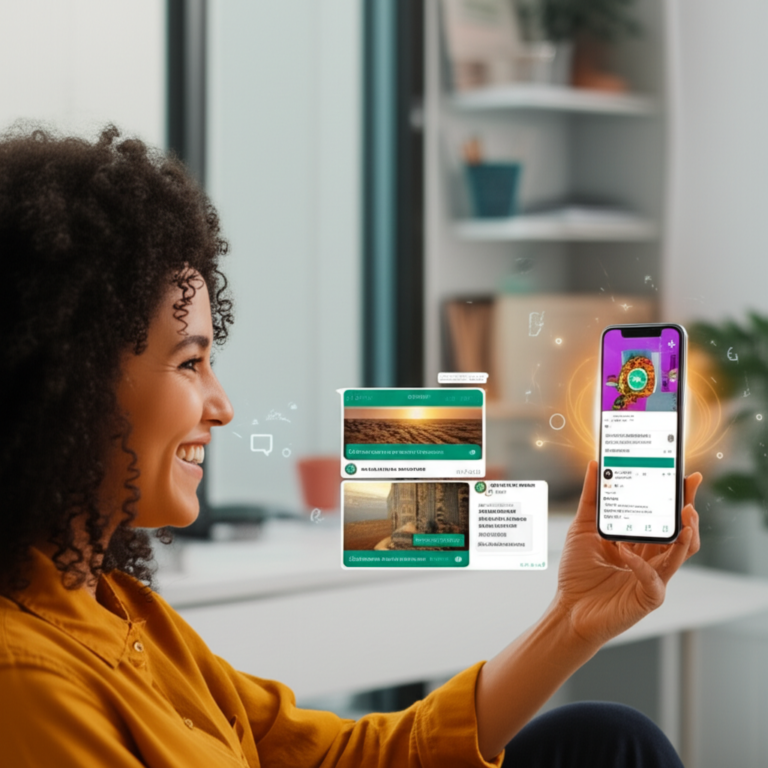 Empreendedor satisfeito visualizando posts diários e roteiros de vídeo do ZapPost em seu smartphone, simbolizando produtividade e conteúdo pronto.