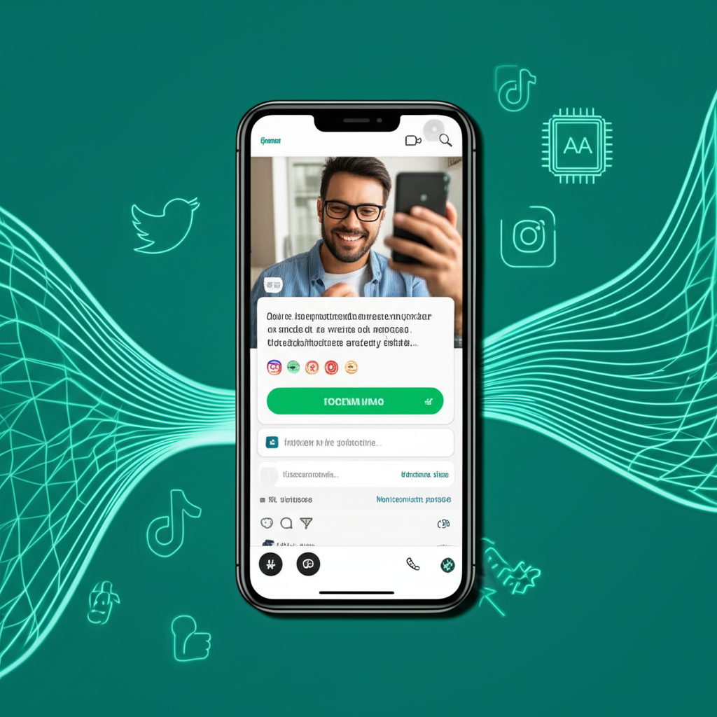 Smartphone exibindo uma mensagem do ZapPost no WhatsApp com um post diário completo (imagem, legenda, hashtags). Uma pessoa feliz e aliviada segura o aparelho, simbolizando a criação de conteúdo facilitada por IA para redes sociais.