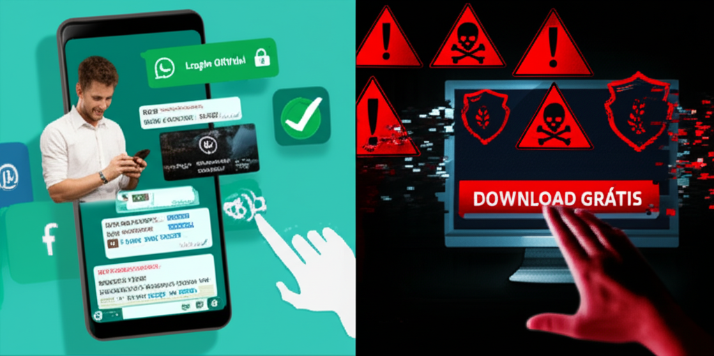Contraste visual entre o acesso seguro ao ZapPost via login oficial (smartphone com WhatsApp e posts diários) e a armadilha de um download grátis suspeito (computador com botão de alerta de vírus).